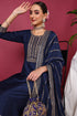 Plus Size Blue Silk Blend Solid Yoke Design Straight Suit Set